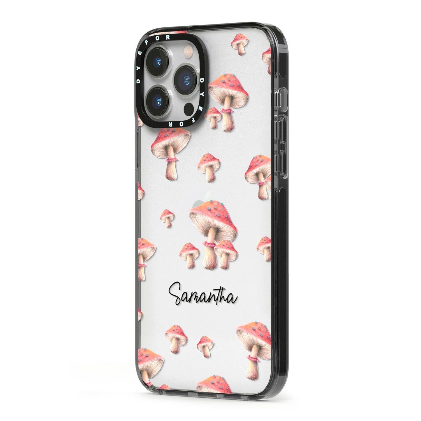 Mushroom Illustrations with Name iPhone 13 Pro Max Black Impact Case Side Angle on Silver phone