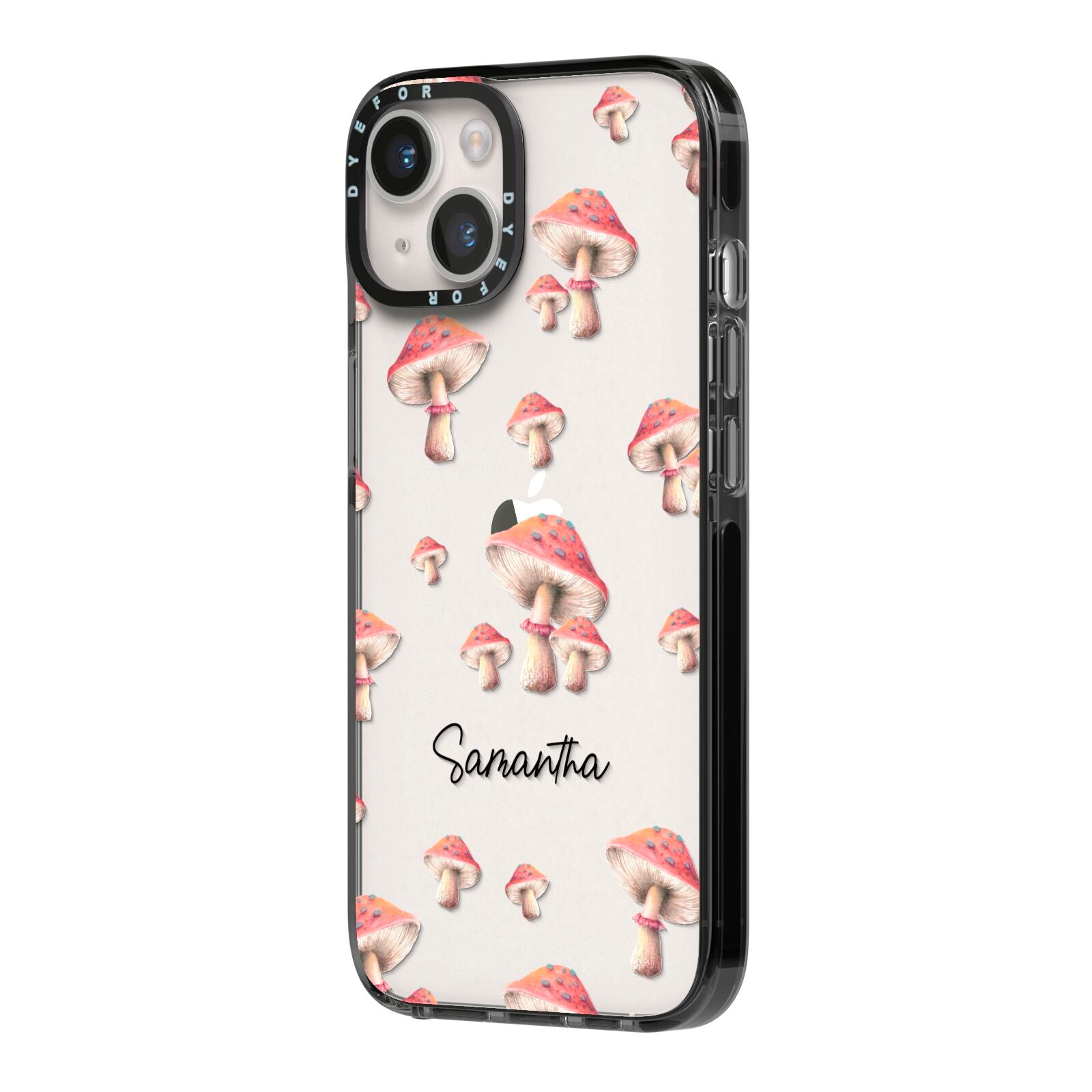 Mushroom Illustrations with Name iPhone 14 Black Impact Case Side Angle on Silver phone