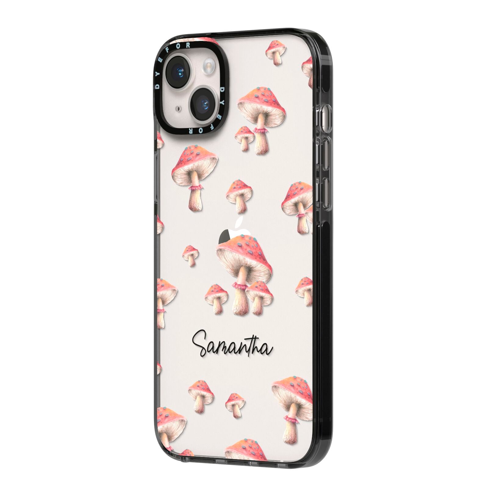 Mushroom Illustrations with Name iPhone 14 Plus Black Impact Case Side Angle on Silver phone
