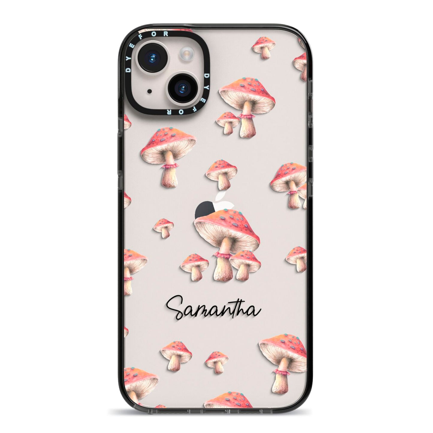 Mushroom Illustrations with Name iPhone 14 Plus Black Impact Case on Silver phone