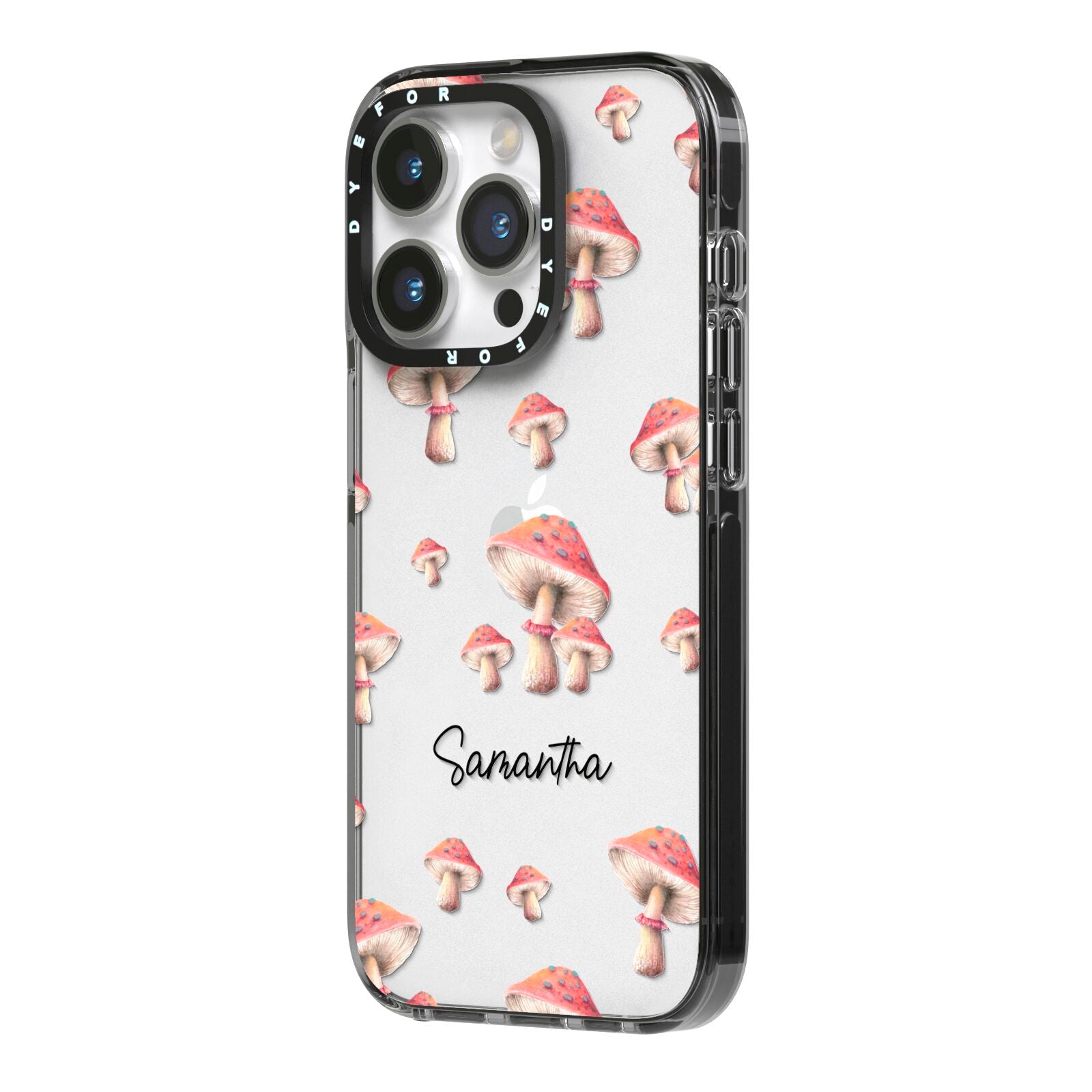Mushroom Illustrations with Name iPhone 14 Pro Black Impact Case Side Angle on Silver phone