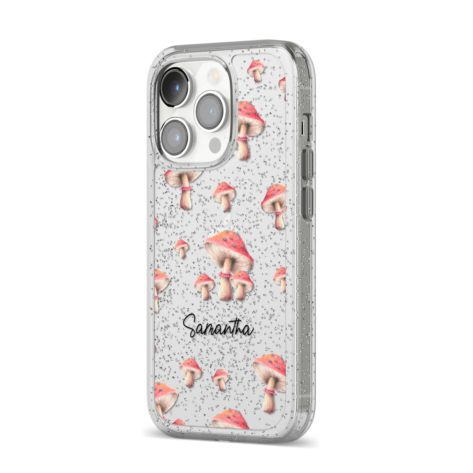 Mushroom Illustrations with Name iPhone 14 Pro Glitter Tough Case Silver Angled Image