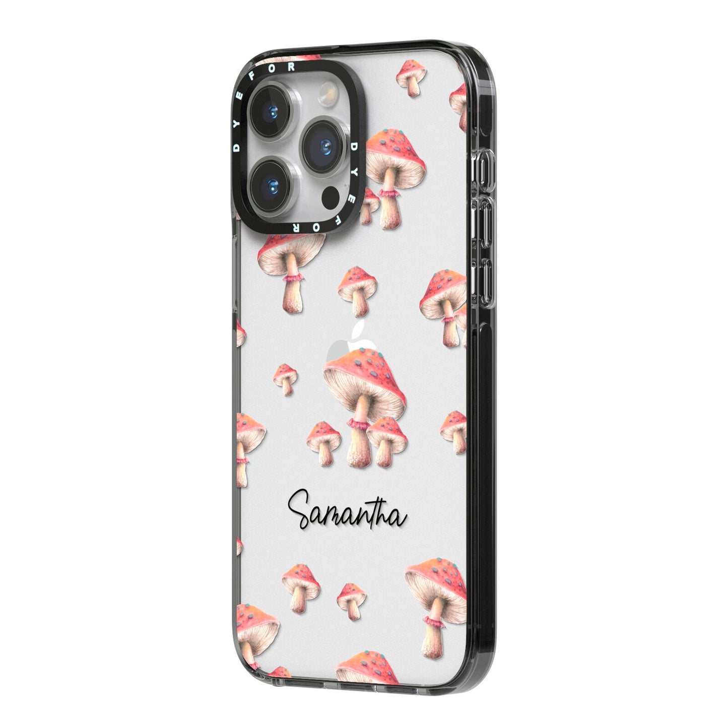 Mushroom Illustrations with Name iPhone 14 Pro Max Black Impact Case Side Angle on Silver phone