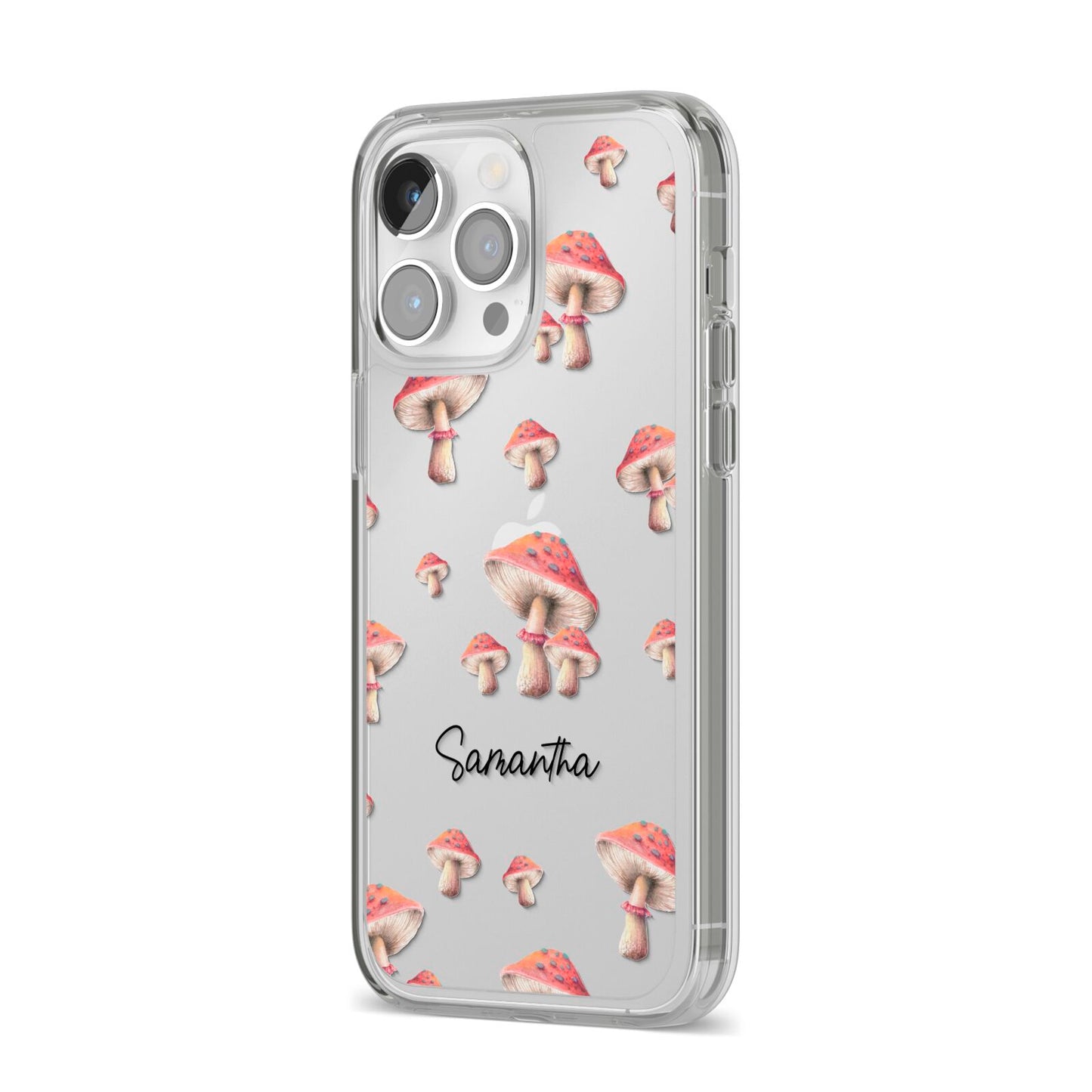 Mushroom Illustrations with Name iPhone 14 Pro Max Clear Tough Case Silver Angled Image