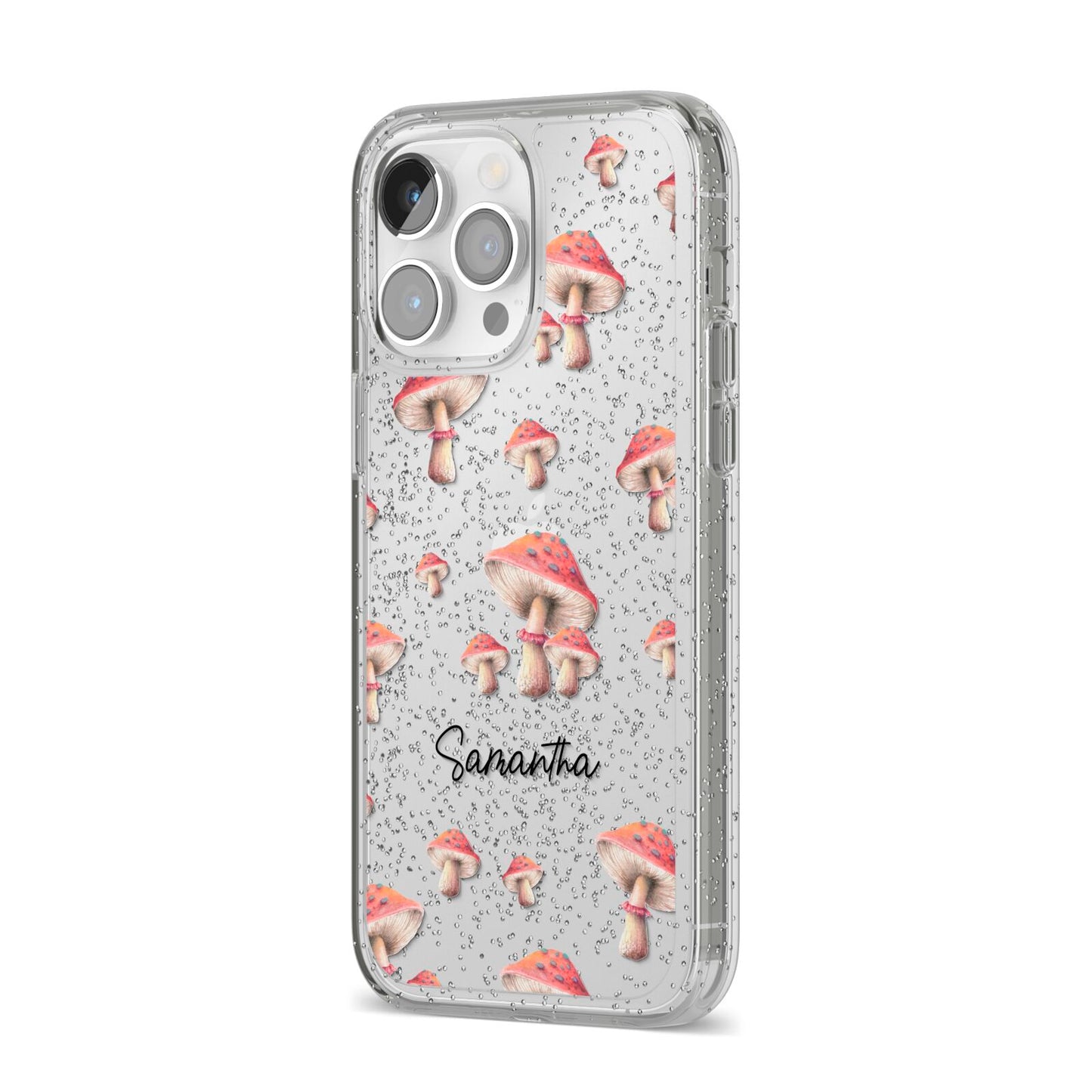 Mushroom Illustrations with Name iPhone 14 Pro Max Glitter Tough Case Silver Angled Image