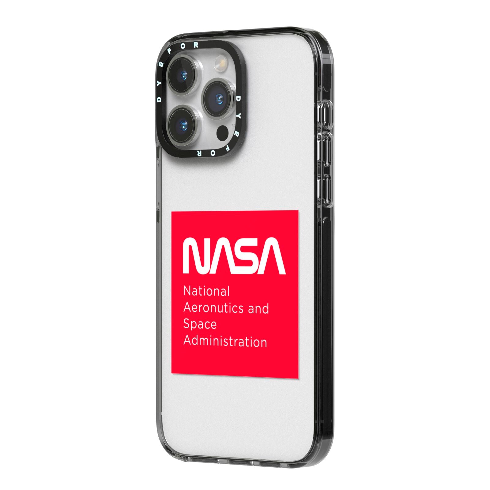 NASA The Worm Box iPhone 14 Pro Max Black Impact Case Side Angle on Silver phone