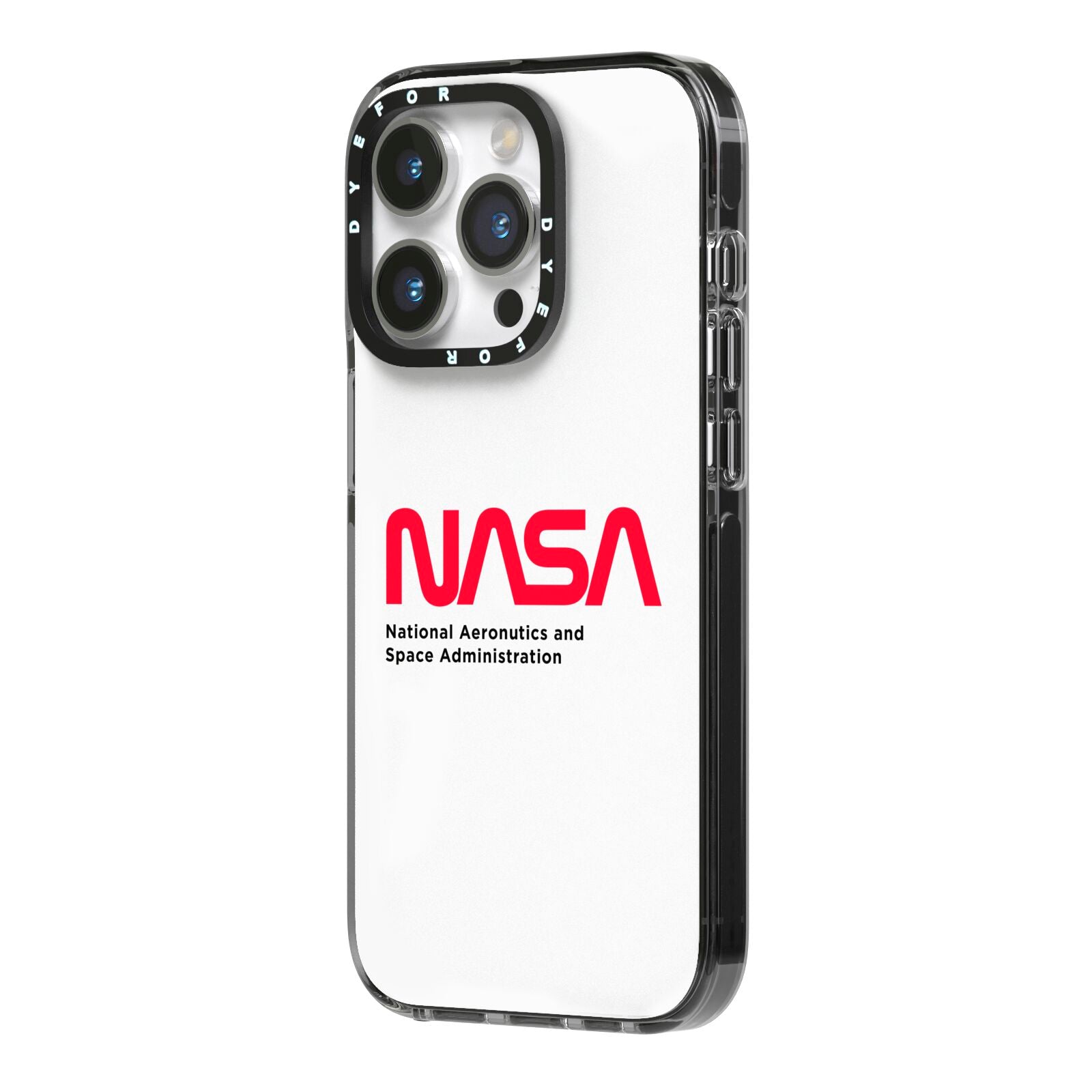 NASA The Worm Logo iPhone 14 Pro Black Impact Case Side Angle on Silver phone
