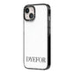 Name Personalised White iPhone 14 Black Impact Case Side Angle on Silver phone