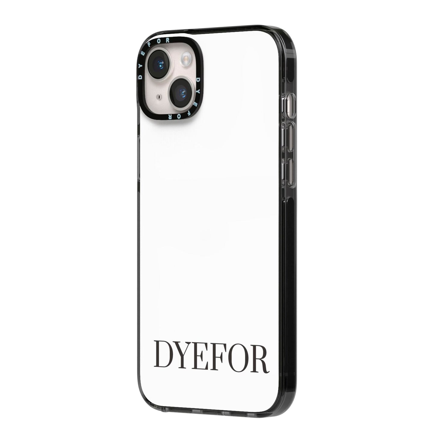 Name Personalised White iPhone 14 Plus Black Impact Case Side Angle on Silver phone