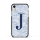 Navy Blue Single Initial Apple iPhone XR Impact Case Black Edge on Silver Phone
