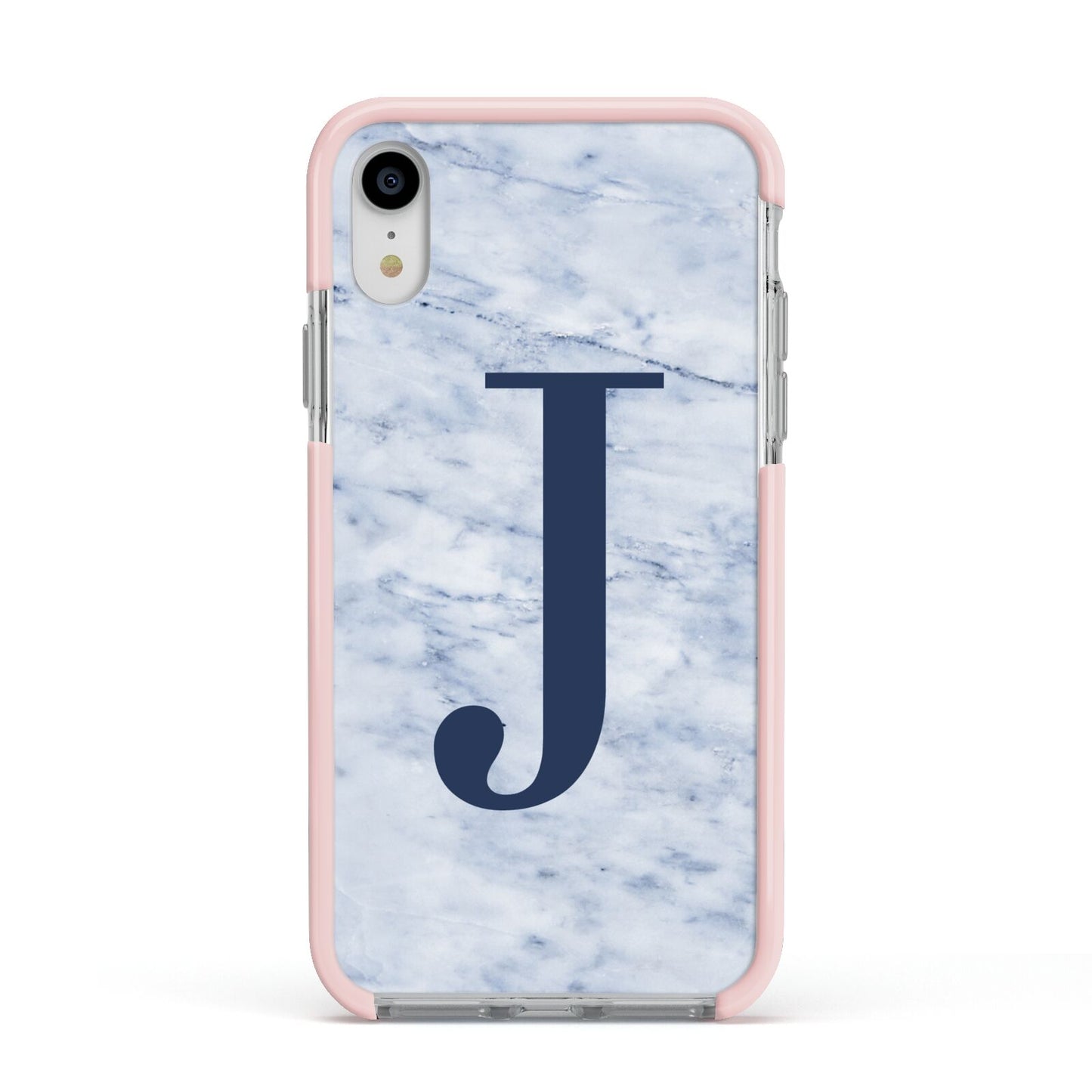Navy Blue Single Initial Apple iPhone XR Impact Case Pink Edge on Silver Phone