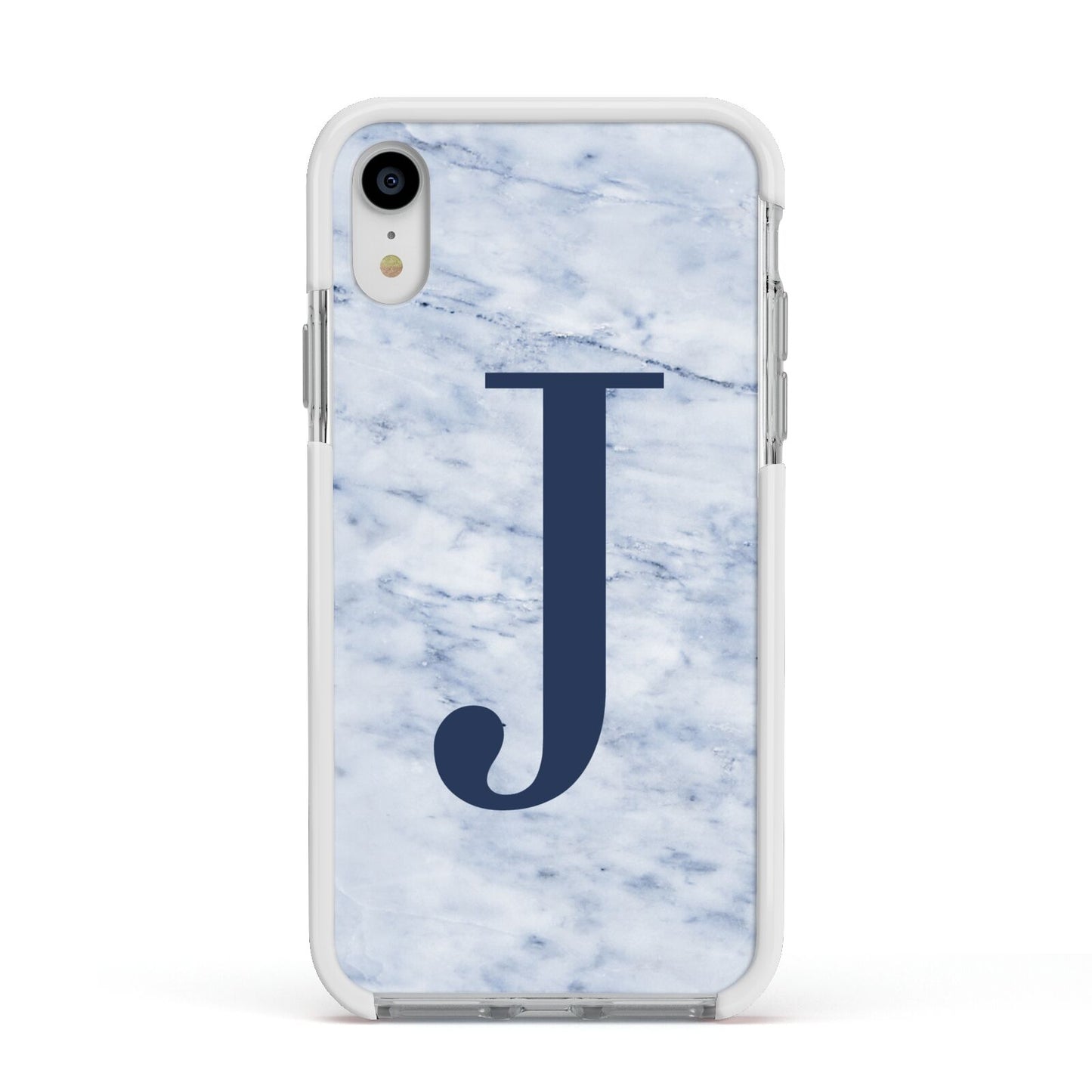 Navy Blue Single Initial Apple iPhone XR Impact Case White Edge on Silver Phone