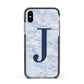 Navy Blue Single Initial Apple iPhone Xs Impact Case Black Edge on Silver Phone