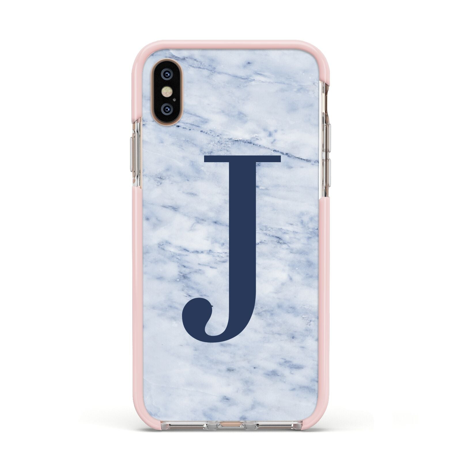 Navy Blue Single Initial Apple iPhone Xs Impact Case Pink Edge on Gold Phone