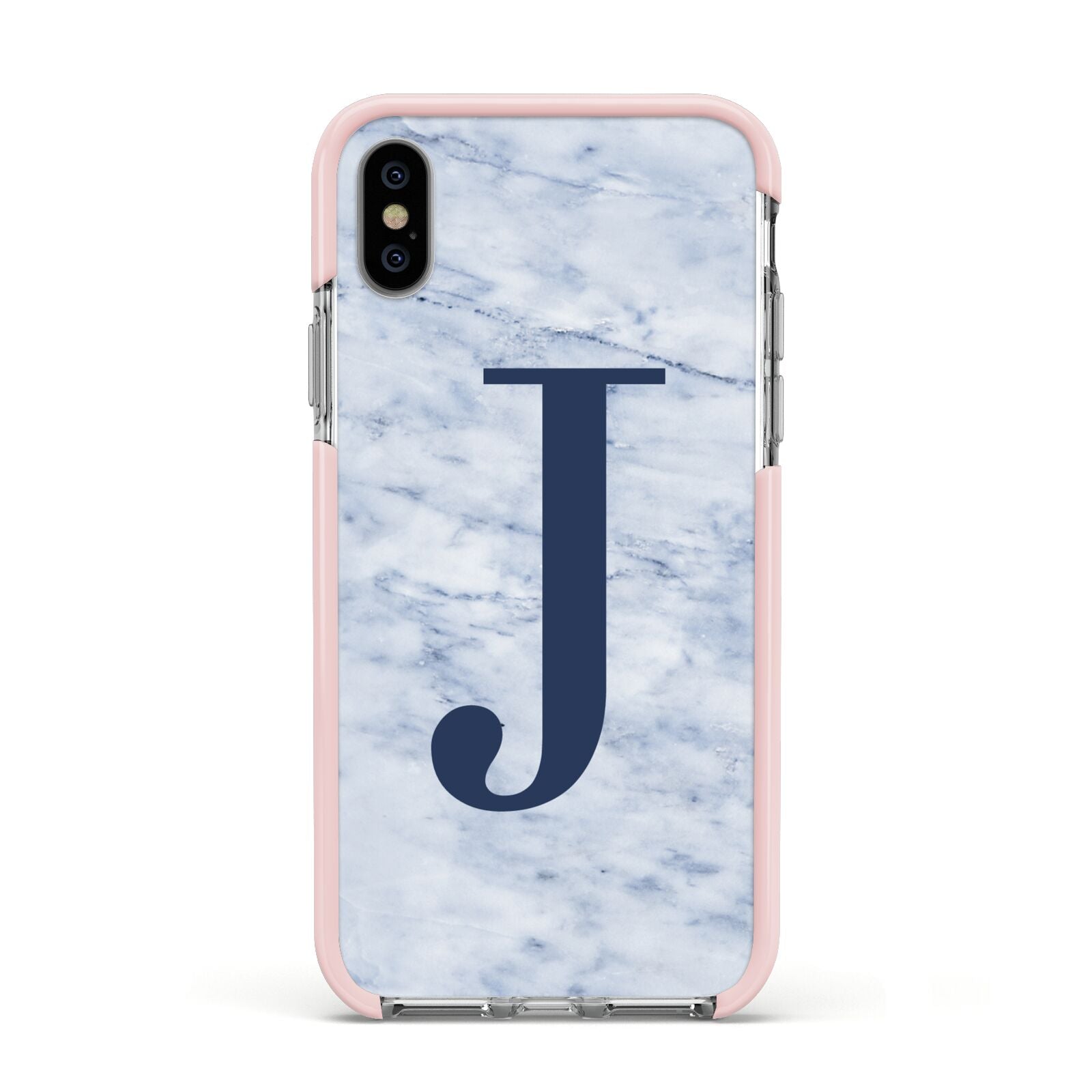 Navy Blue Single Initial Apple iPhone Xs Impact Case Pink Edge on Silver Phone