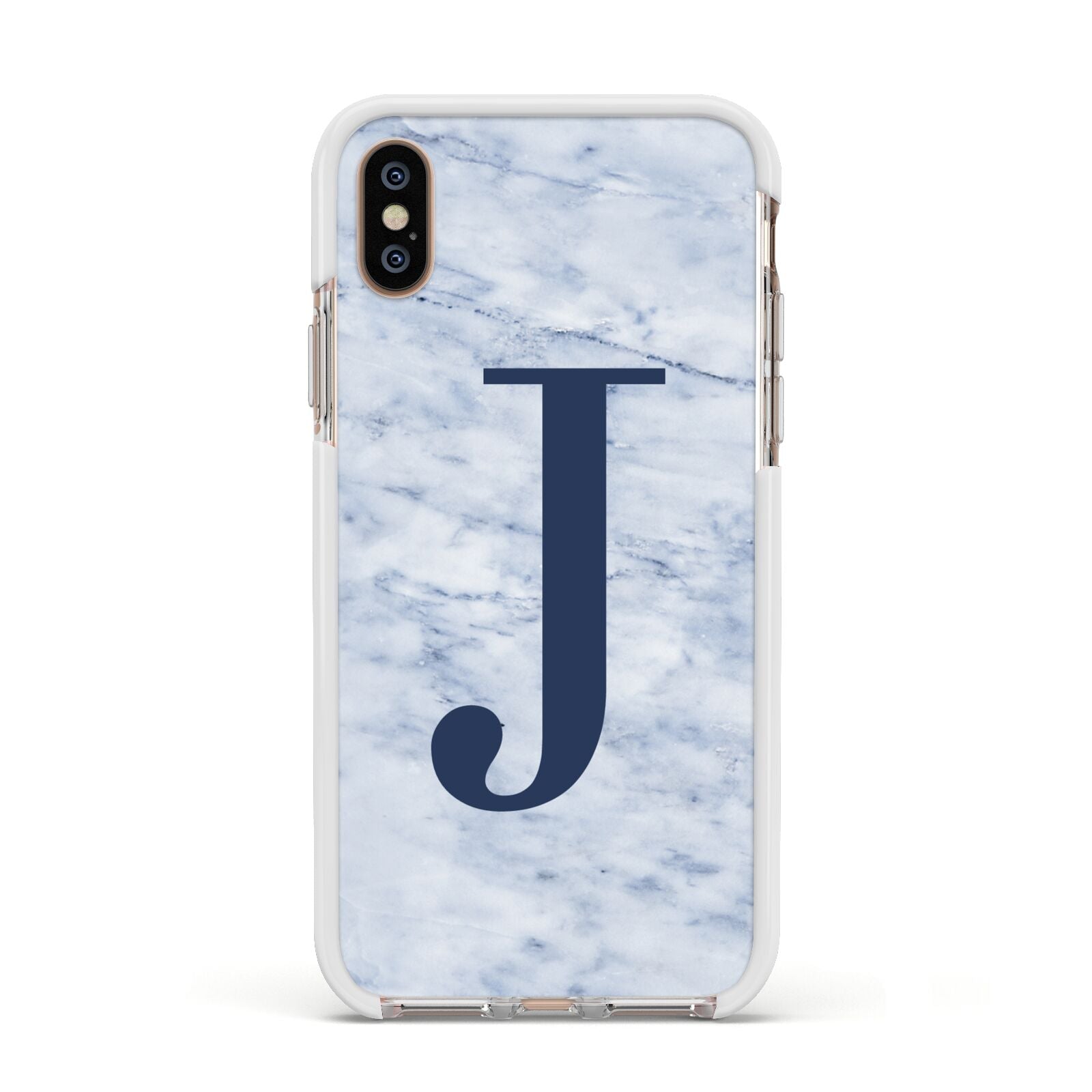 Navy Blue Single Initial Apple iPhone Xs Impact Case White Edge on Gold Phone