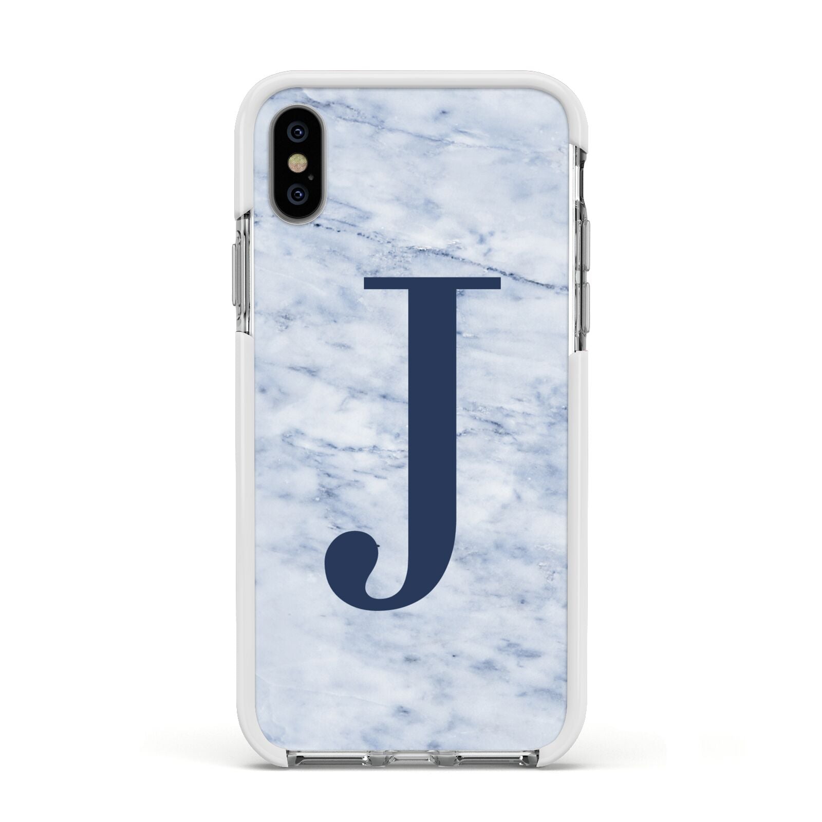 Navy Blue Single Initial Apple iPhone Xs Impact Case White Edge on Silver Phone