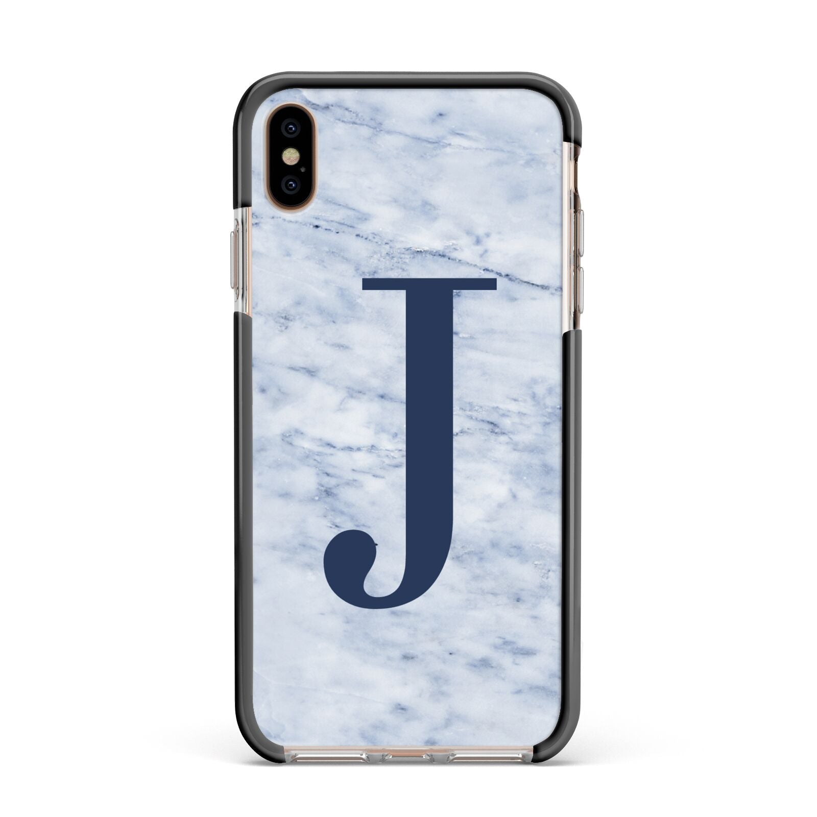 Navy Blue Single Initial Apple iPhone Xs Max Impact Case Black Edge on Gold Phone