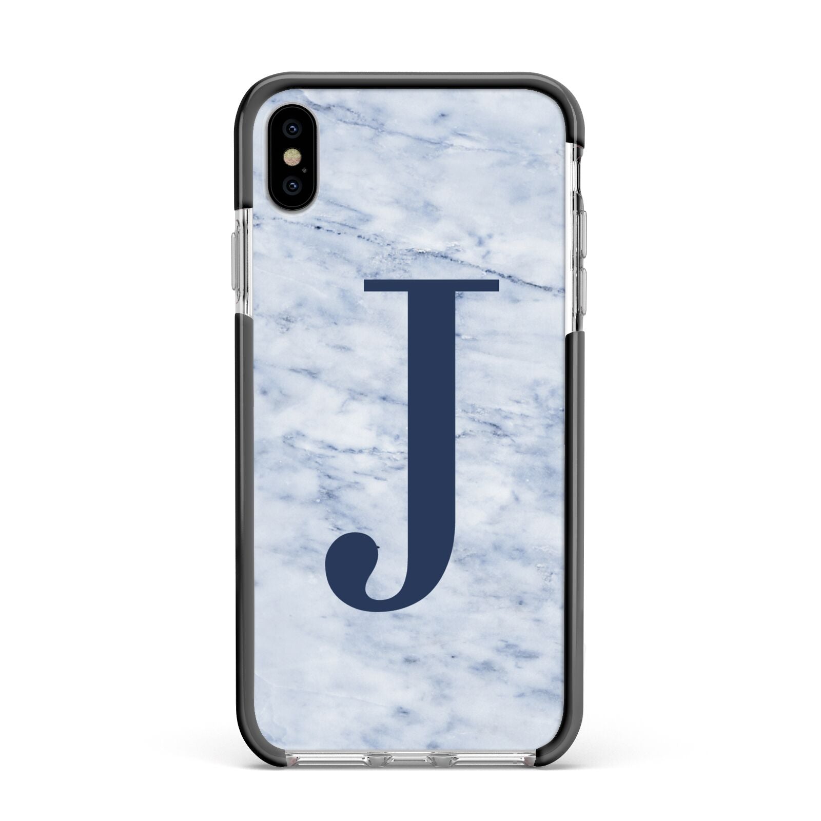 Navy Blue Single Initial Apple iPhone Xs Max Impact Case Black Edge on Silver Phone