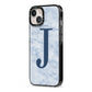 Navy Blue Single Initial iPhone 13 Black Impact Case Side Angle on Silver phone