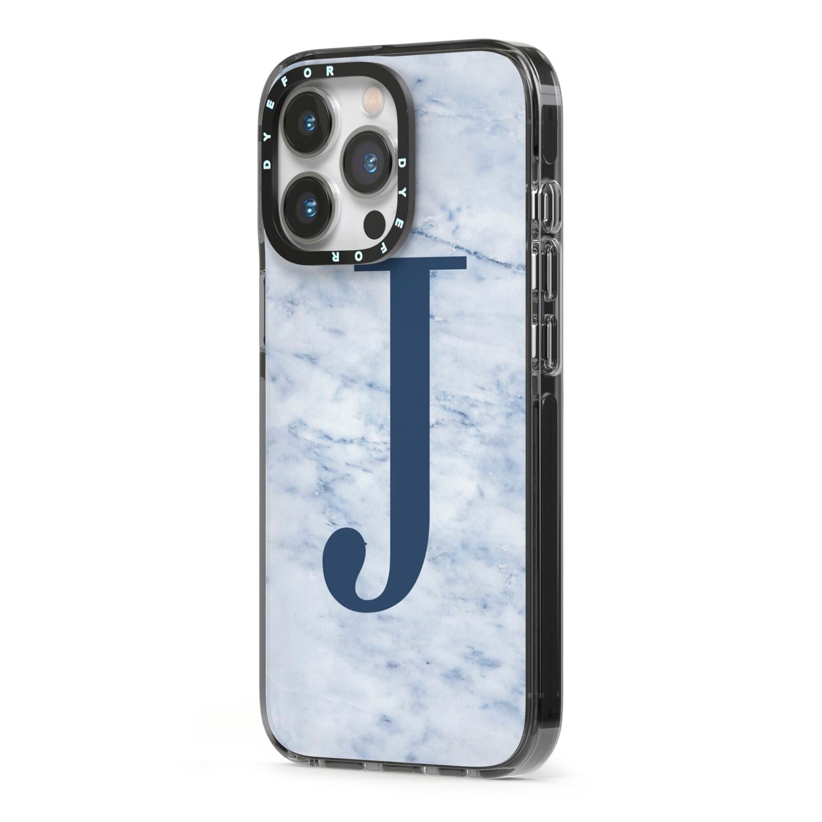 Navy Blue Single Initial iPhone 13 Pro Black Impact Case Side Angle on Silver phone