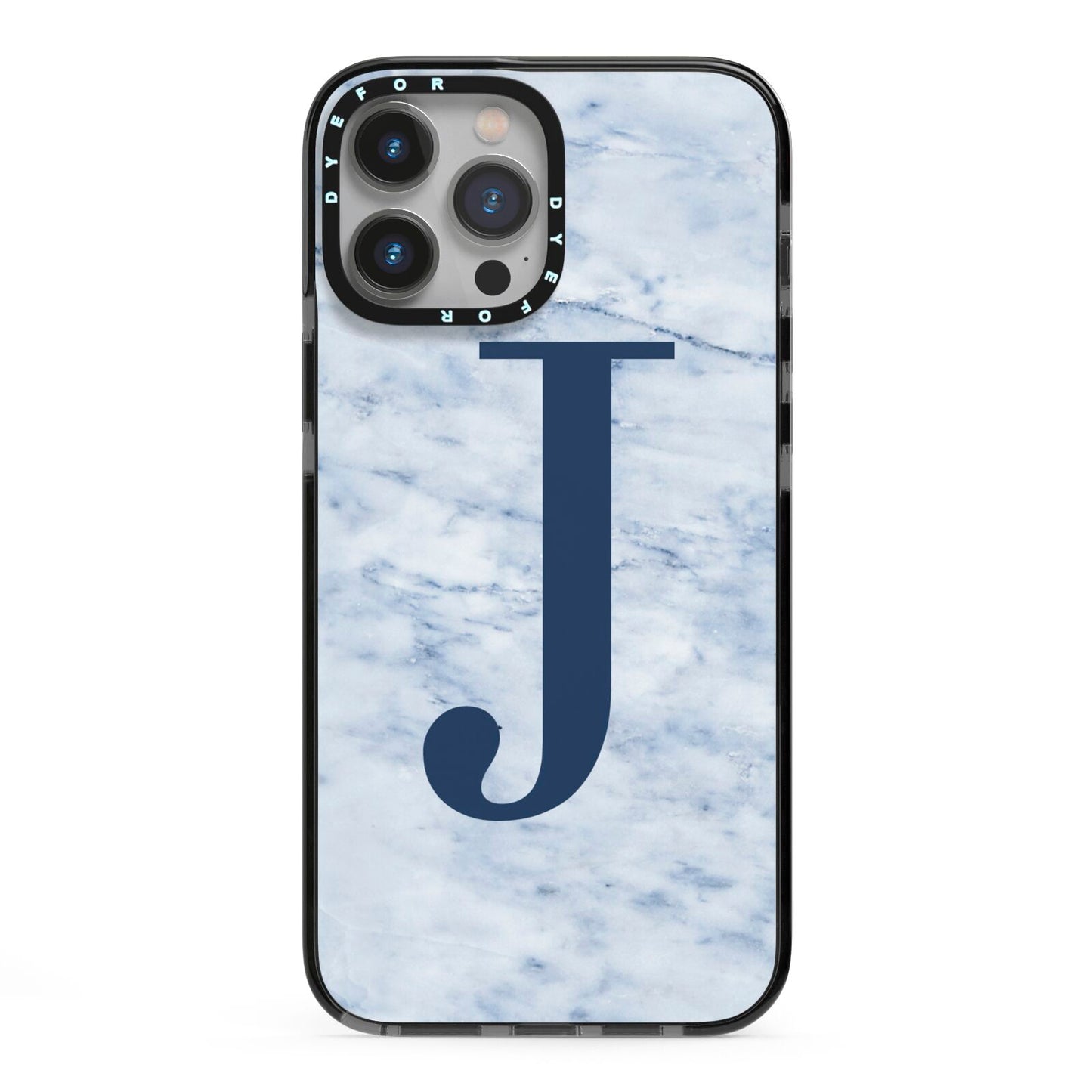 Navy Blue Single Initial iPhone 13 Pro Max Black Impact Case on Silver phone