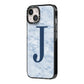 Navy Blue Single Initial iPhone 14 Black Impact Case Side Angle on Silver phone