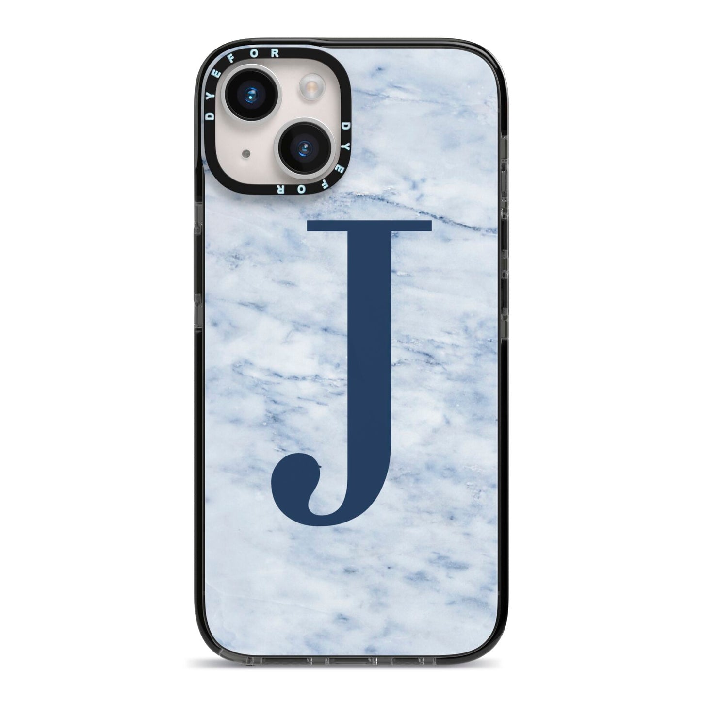 Navy Blue Single Initial iPhone 14 Black Impact Case on Silver phone