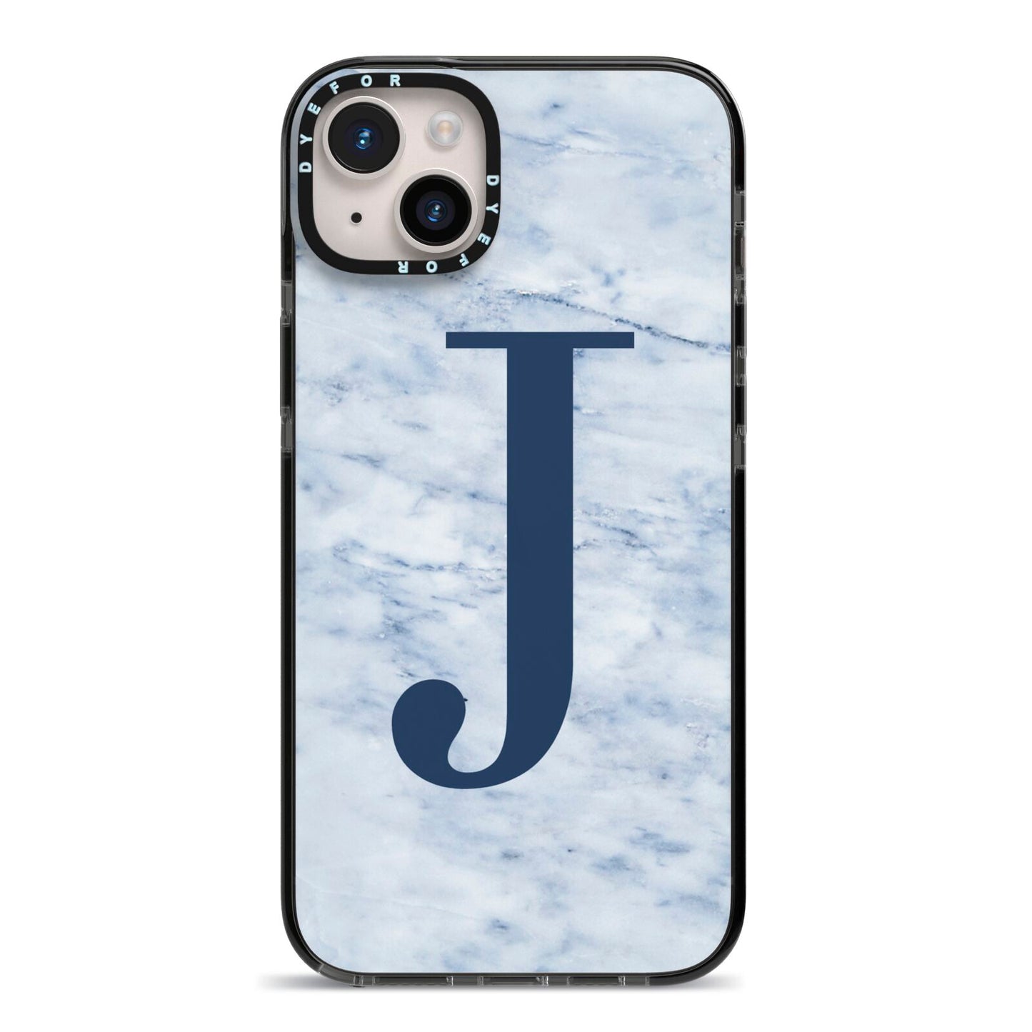 Navy Blue Single Initial iPhone 14 Plus Black Impact Case on Silver phone