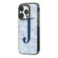 Navy Blue Single Initial iPhone 14 Pro Black Impact Case Side Angle on Silver phone