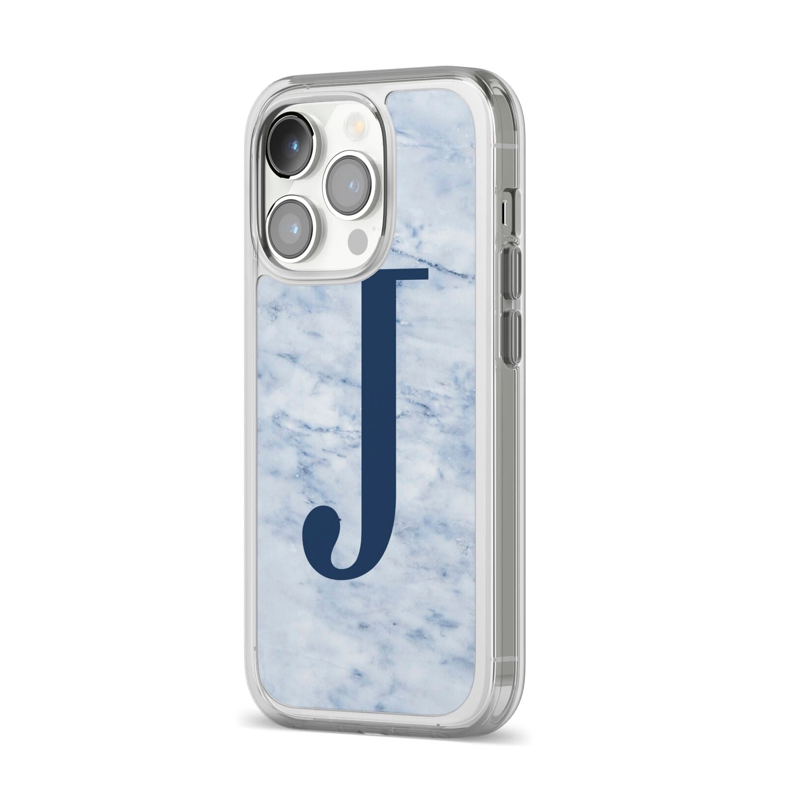 Navy Blue Single Initial iPhone 14 Pro Clear Tough Case Silver Angled Image