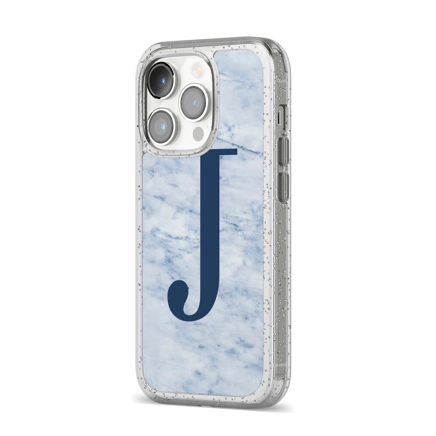 Navy Blue Single Initial iPhone 14 Pro Glitter Tough Case Silver Angled Image