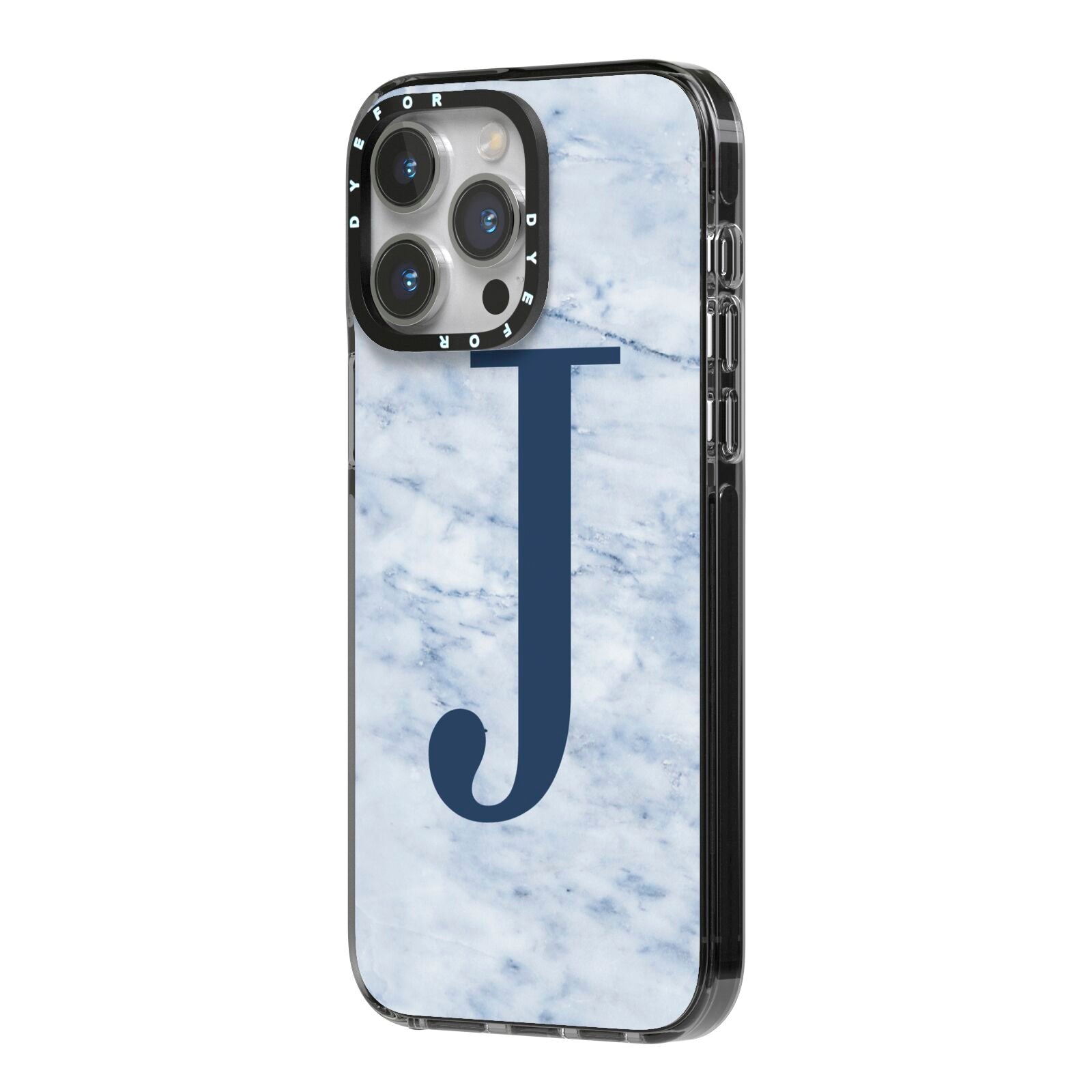 Navy Blue Single Initial iPhone 14 Pro Max Black Impact Case Side Angle on Silver phone
