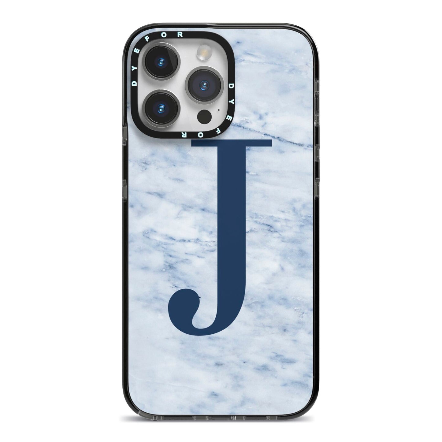 Navy Blue Single Initial iPhone 14 Pro Max Black Impact Case on Silver phone