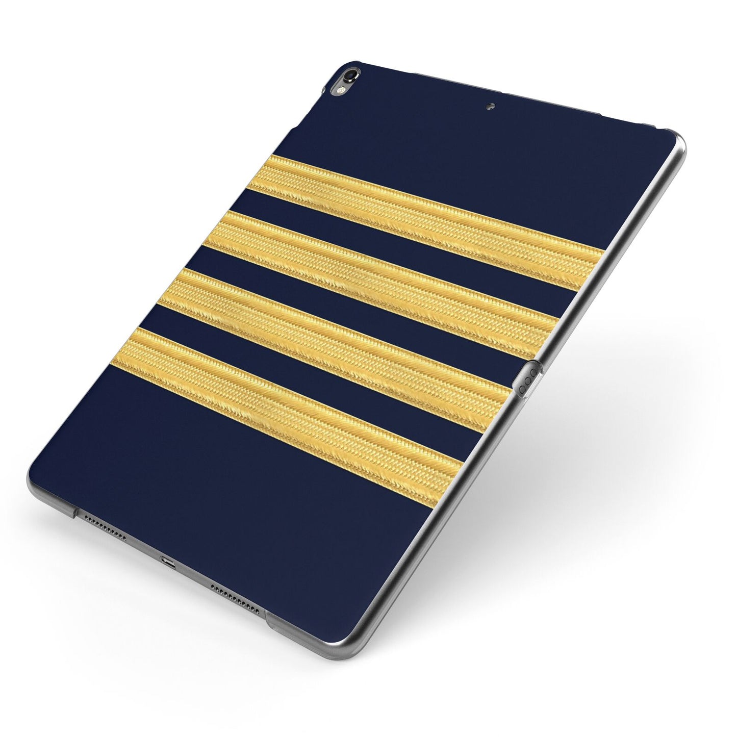 Navy and Gold Pilot Stripes Apple iPad Case on Grey iPad Side View