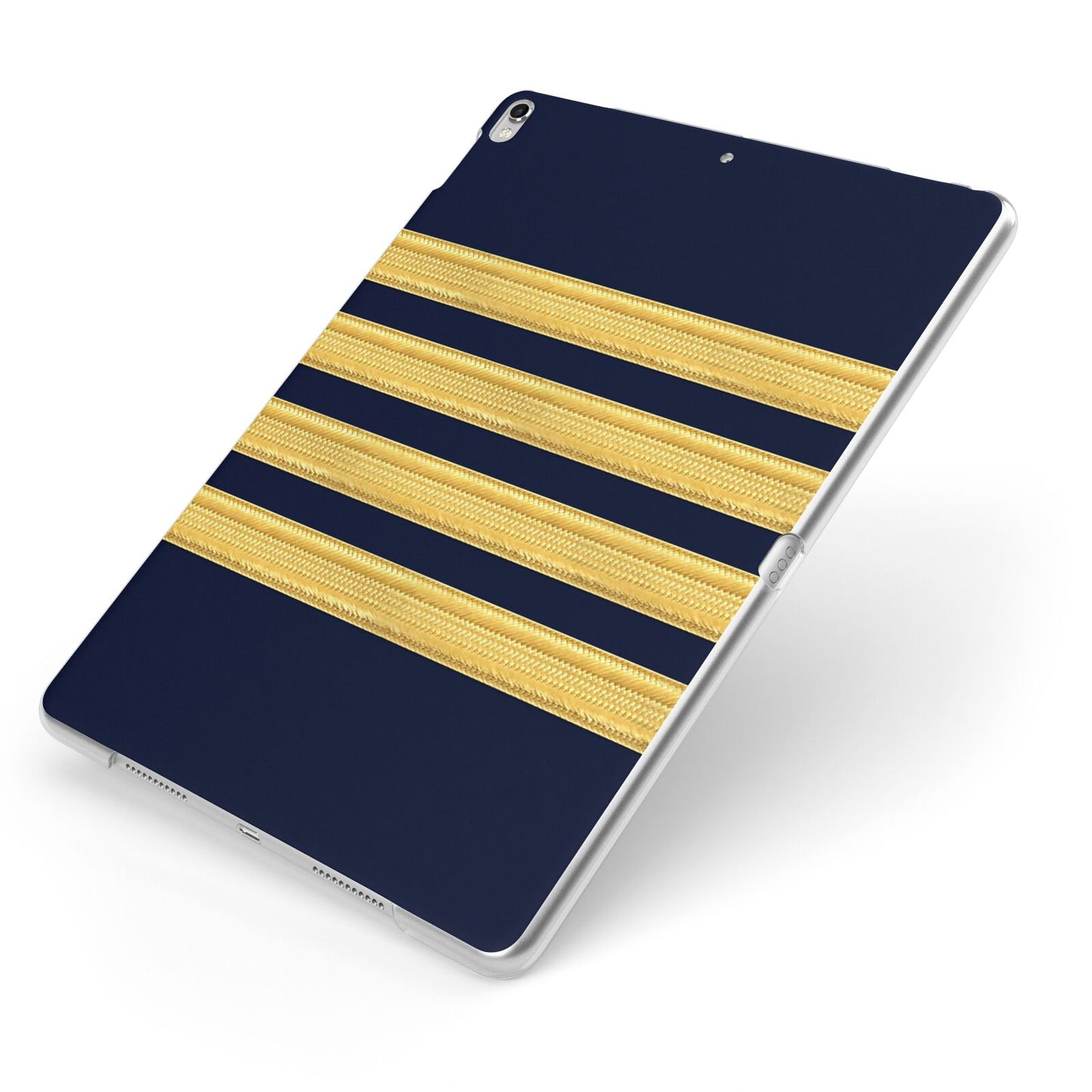 Navy and Gold Pilot Stripes Apple iPad Case on Silver iPad Side View