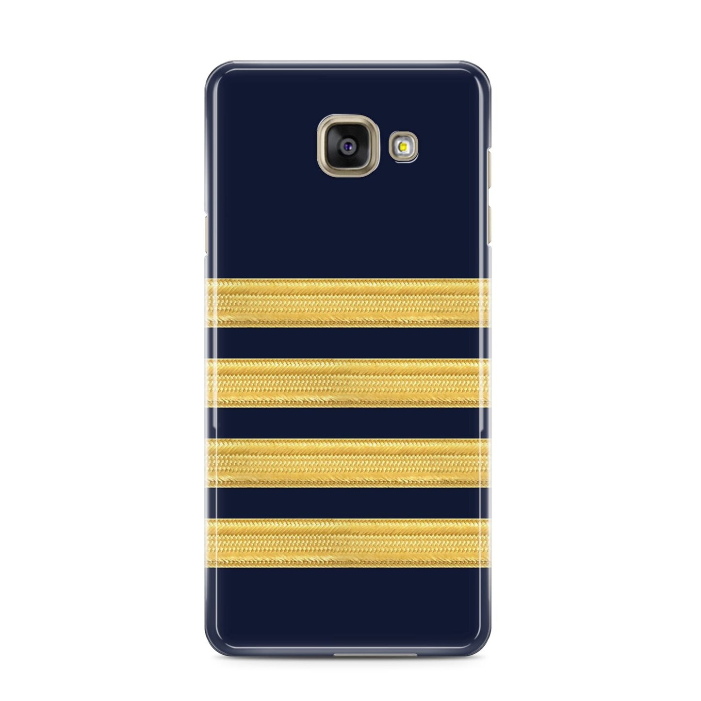 Navy and Gold Pilot Stripes Samsung Galaxy A3 2016 Case on gold phone
