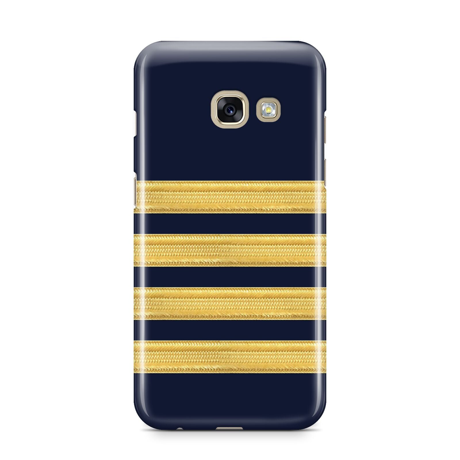 Navy and Gold Pilot Stripes Samsung Galaxy A3 2017 Case on gold phone