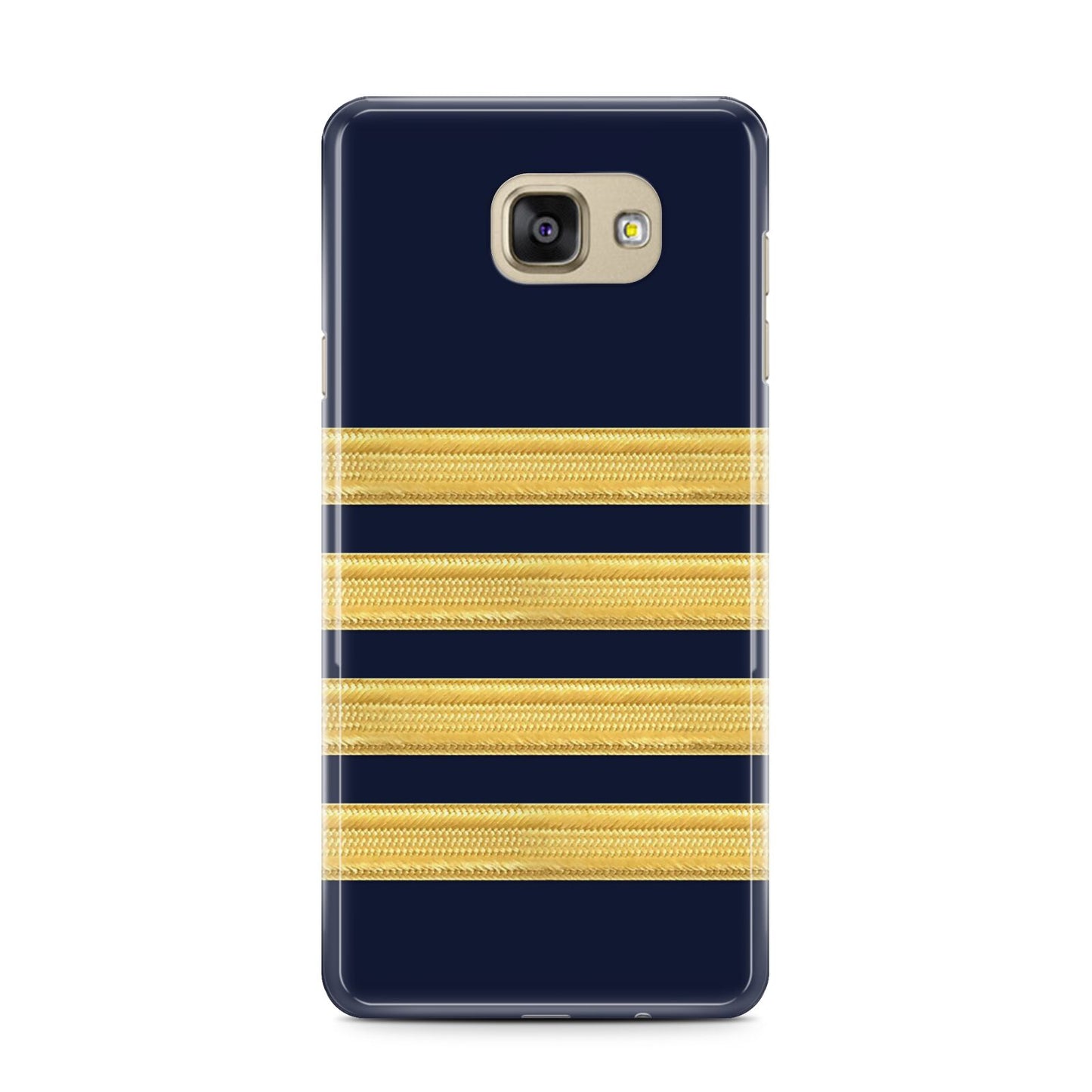 Navy and Gold Pilot Stripes Samsung Galaxy A7 2016 Case on gold phone