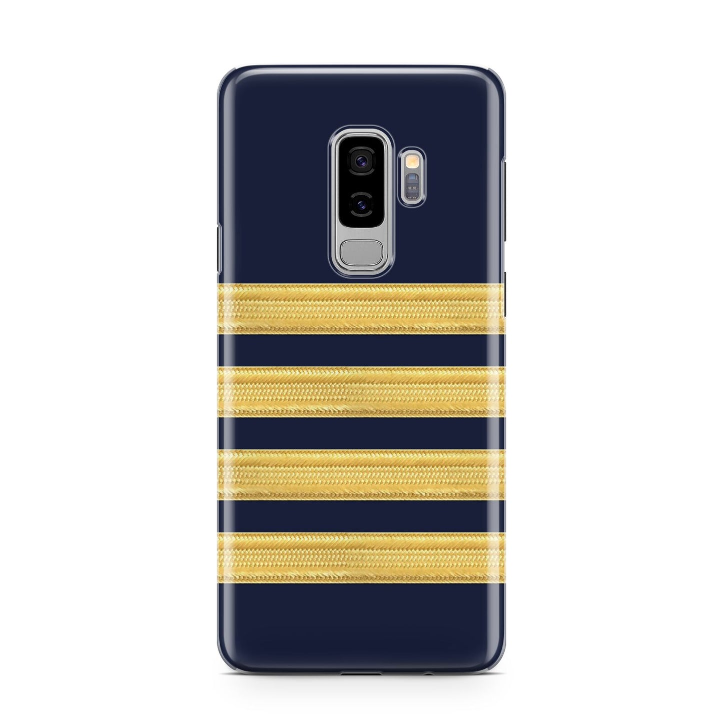 Navy and Gold Pilot Stripes Samsung Galaxy S9 Plus Case on Silver phone