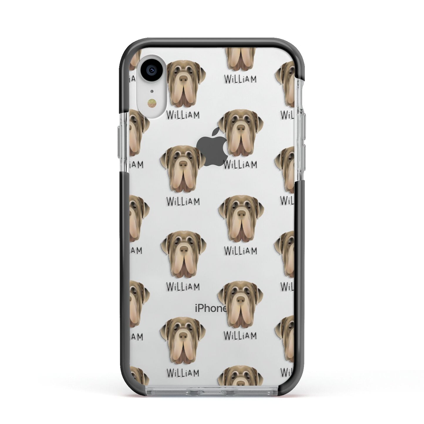 Neapolitan Mastiff Icon with Name Apple iPhone XR Impact Case Black Edge on Silver Phone