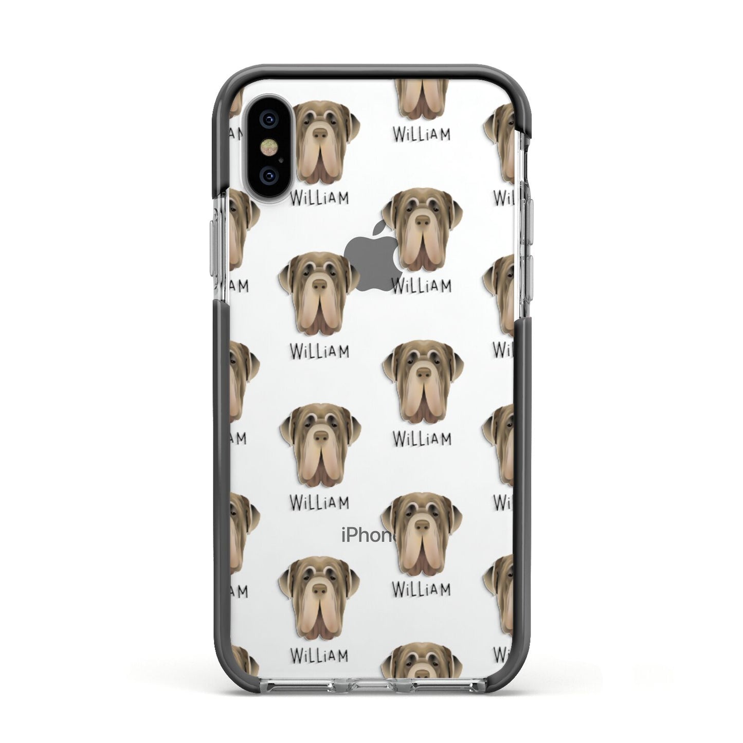 Neapolitan Mastiff Icon with Name Apple iPhone Xs Impact Case Black Edge on Silver Phone