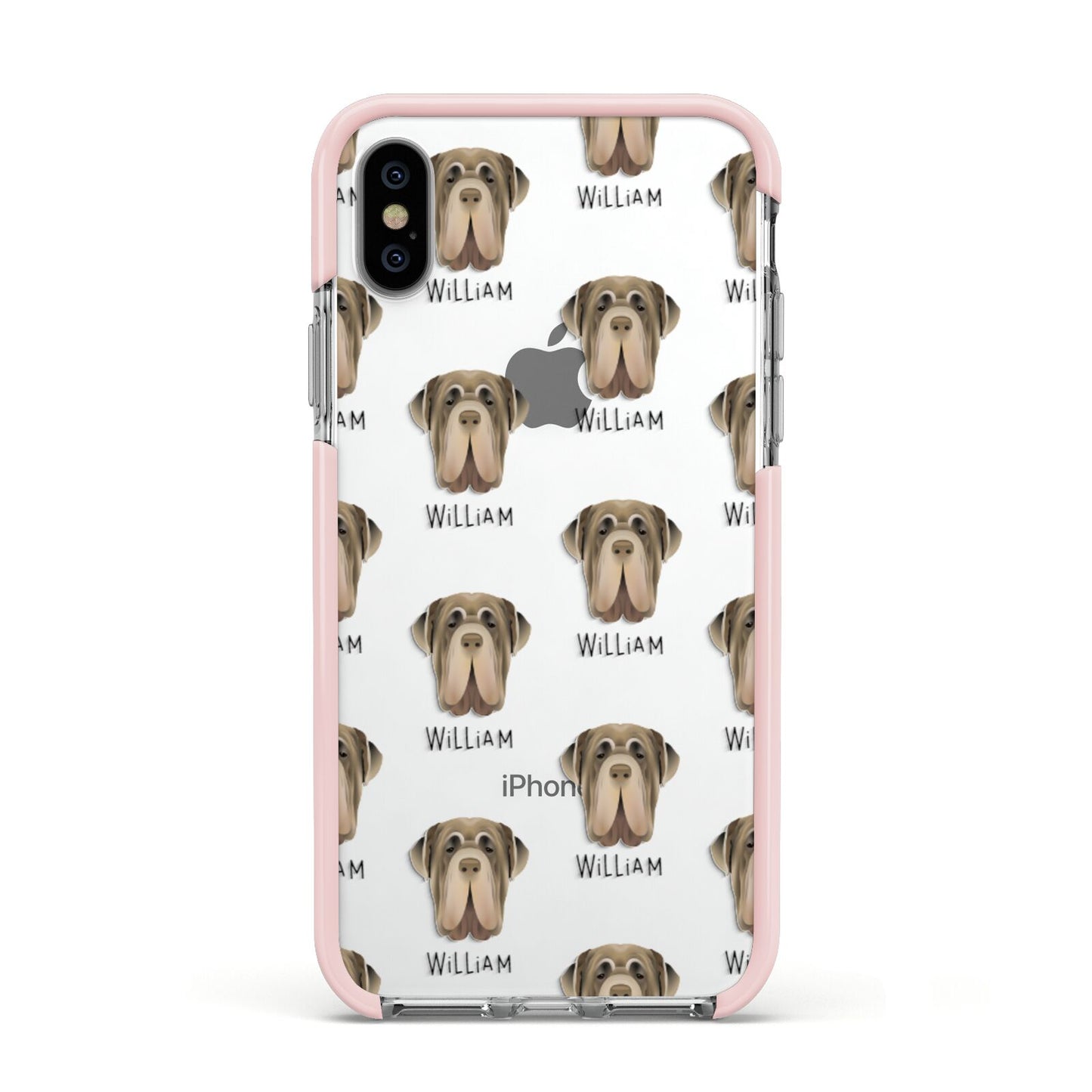 Neapolitan Mastiff Icon with Name Apple iPhone Xs Impact Case Pink Edge on Silver Phone