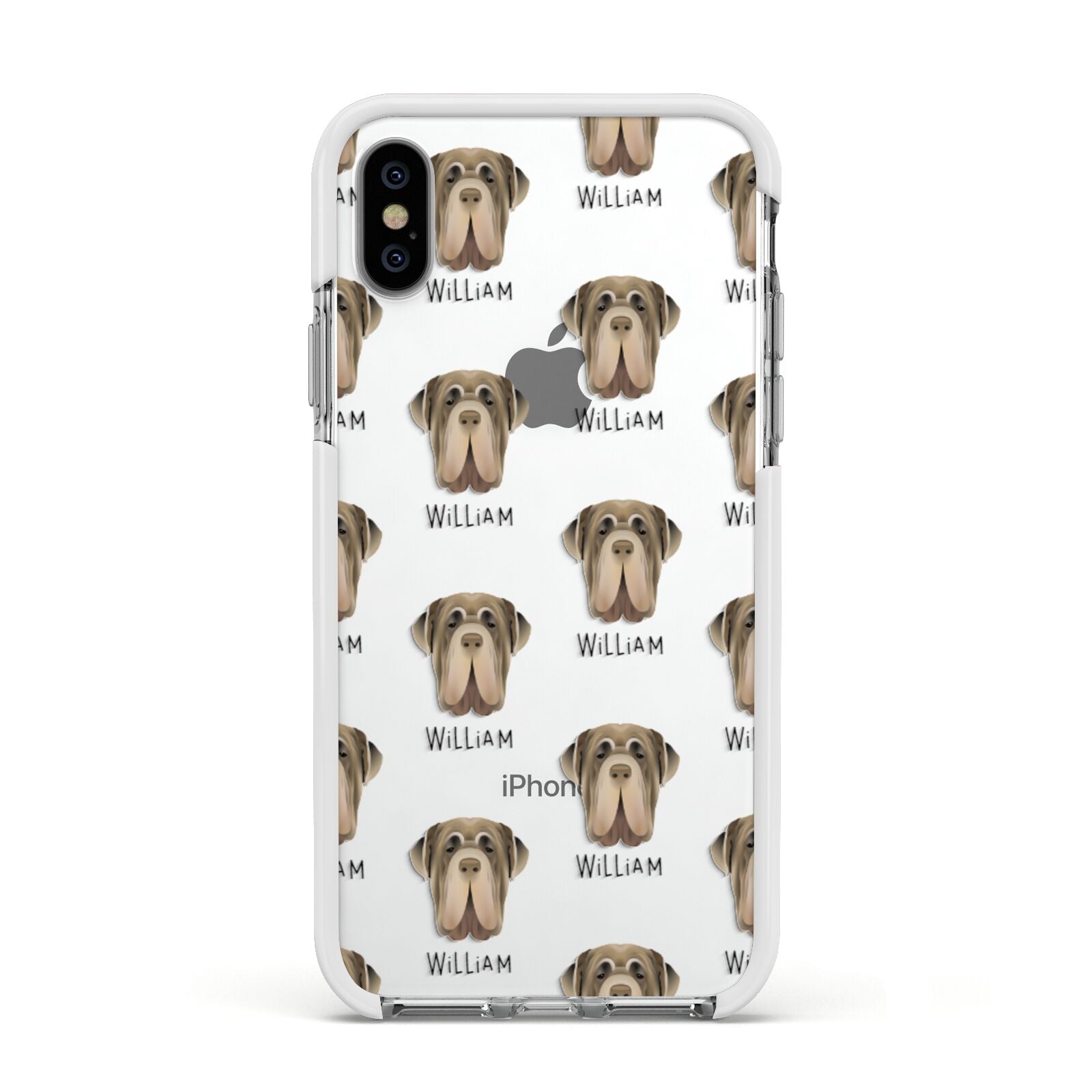 Neapolitan Mastiff Icon with Name Apple iPhone Xs Impact Case White Edge on Silver Phone