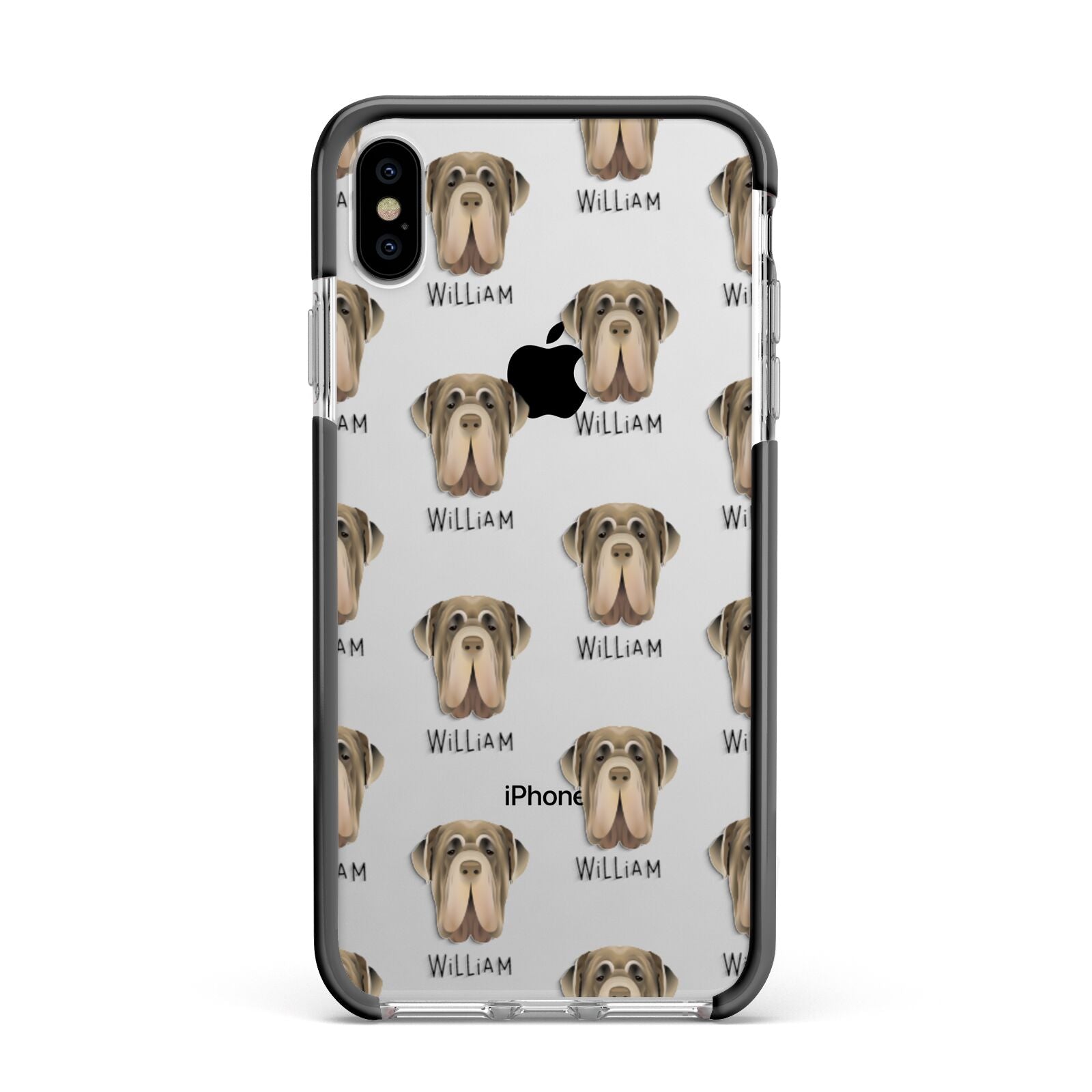 Neapolitan Mastiff Icon with Name Apple iPhone Xs Max Impact Case Black Edge on Silver Phone