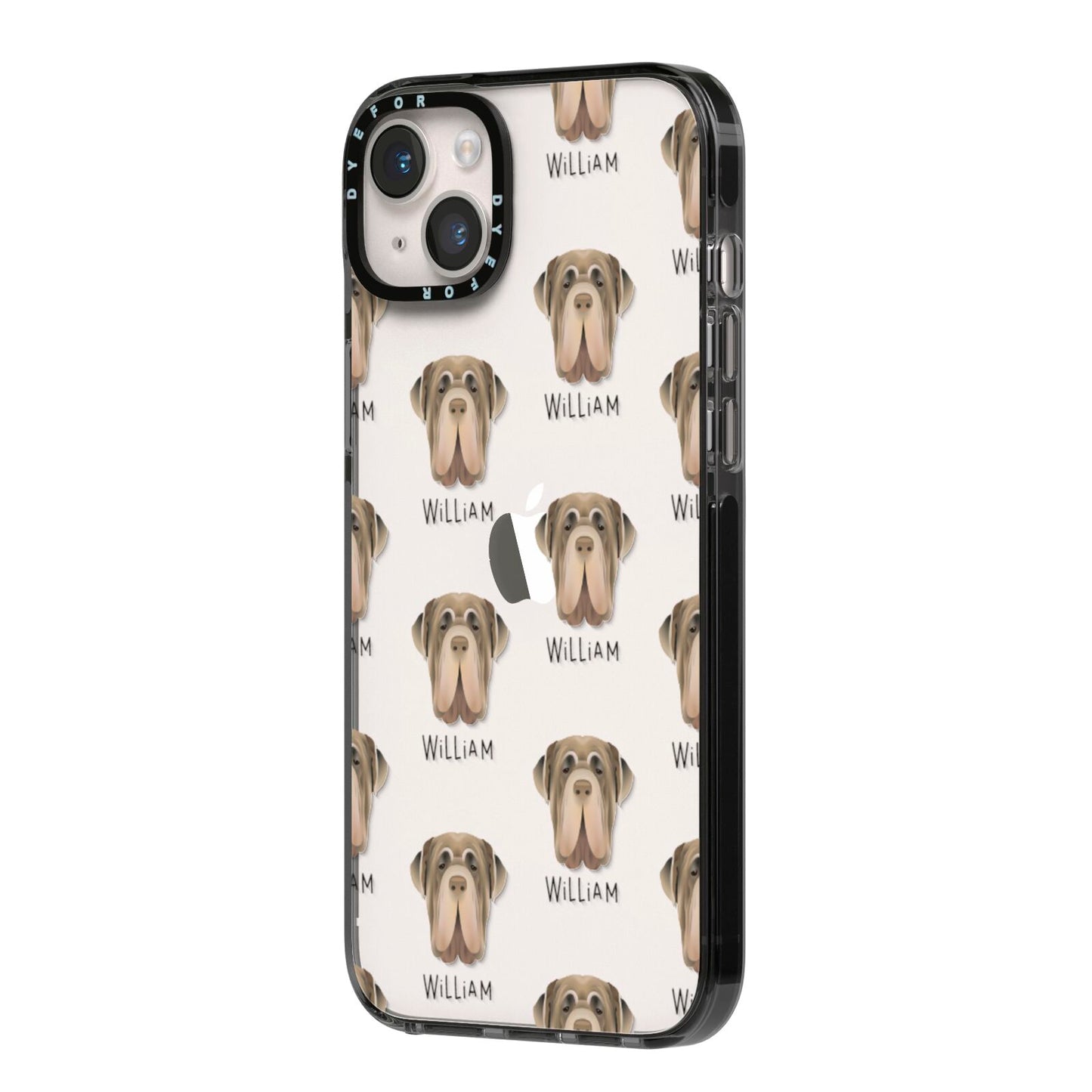 Neapolitan Mastiff Icon with Name iPhone 14 Plus Black Impact Case Side Angle on Silver phone