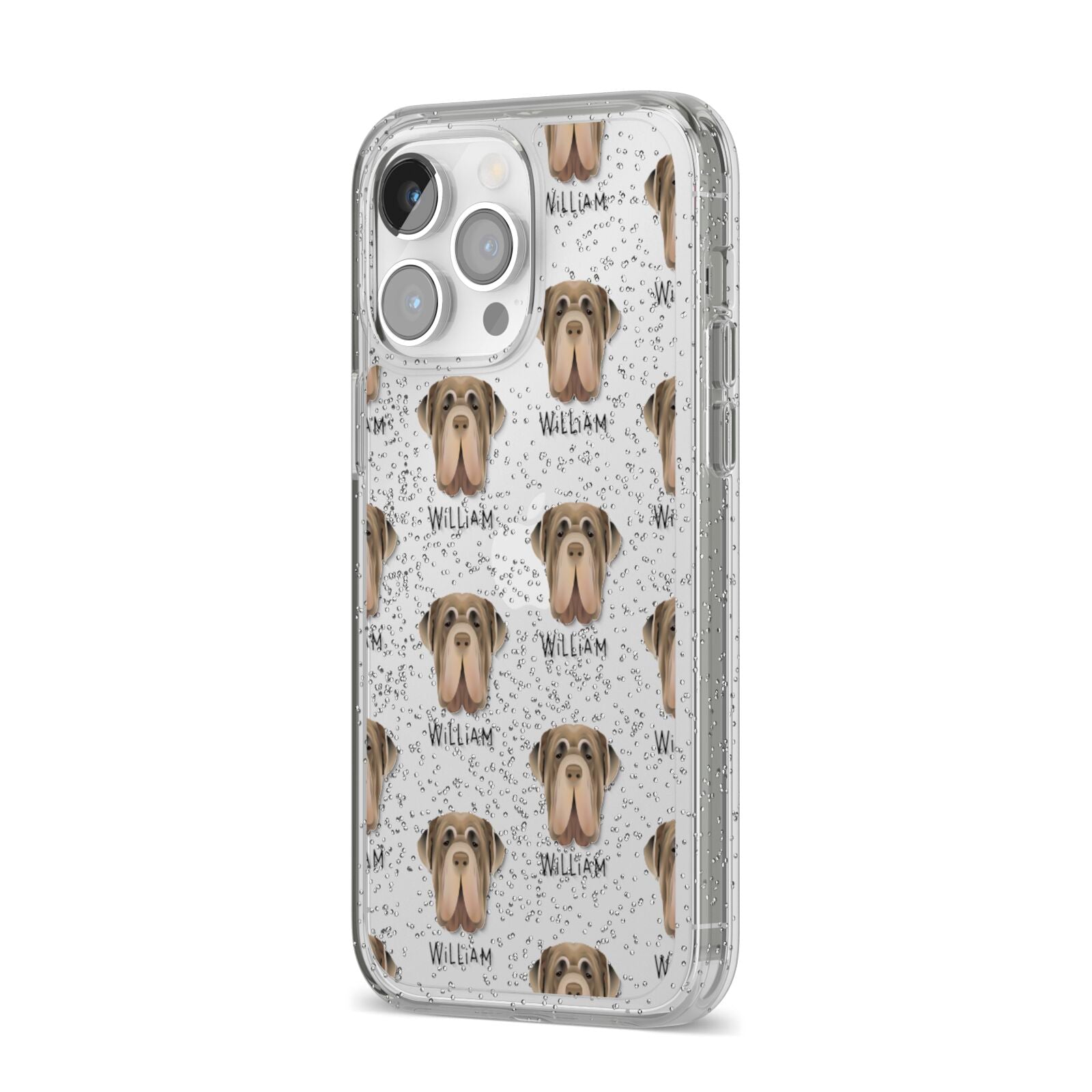 Neapolitan Mastiff Icon with Name iPhone 14 Pro Max Glitter Tough Case Silver Angled Image
