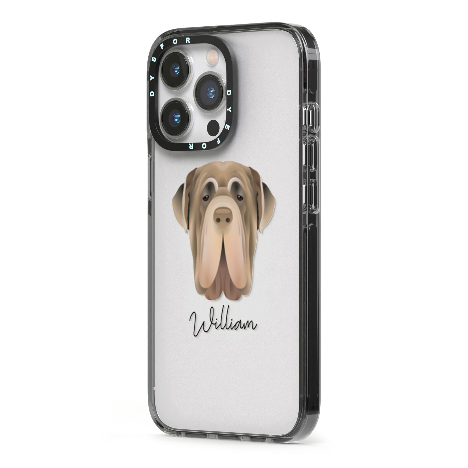 Neapolitan Mastiff Personalised iPhone 13 Pro Black Impact Case Side Angle on Silver phone