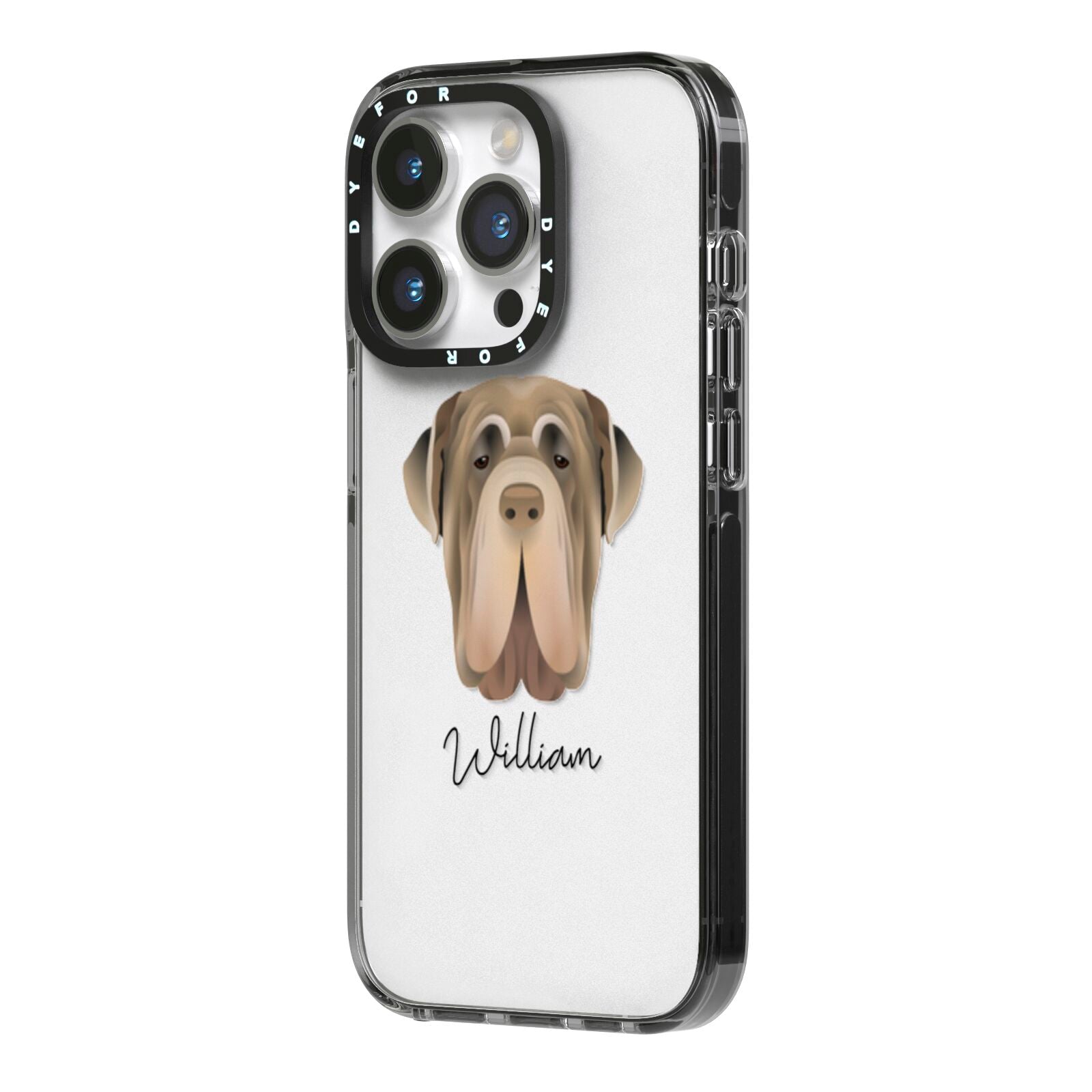 Neapolitan Mastiff Personalised iPhone 14 Pro Black Impact Case Side Angle on Silver phone