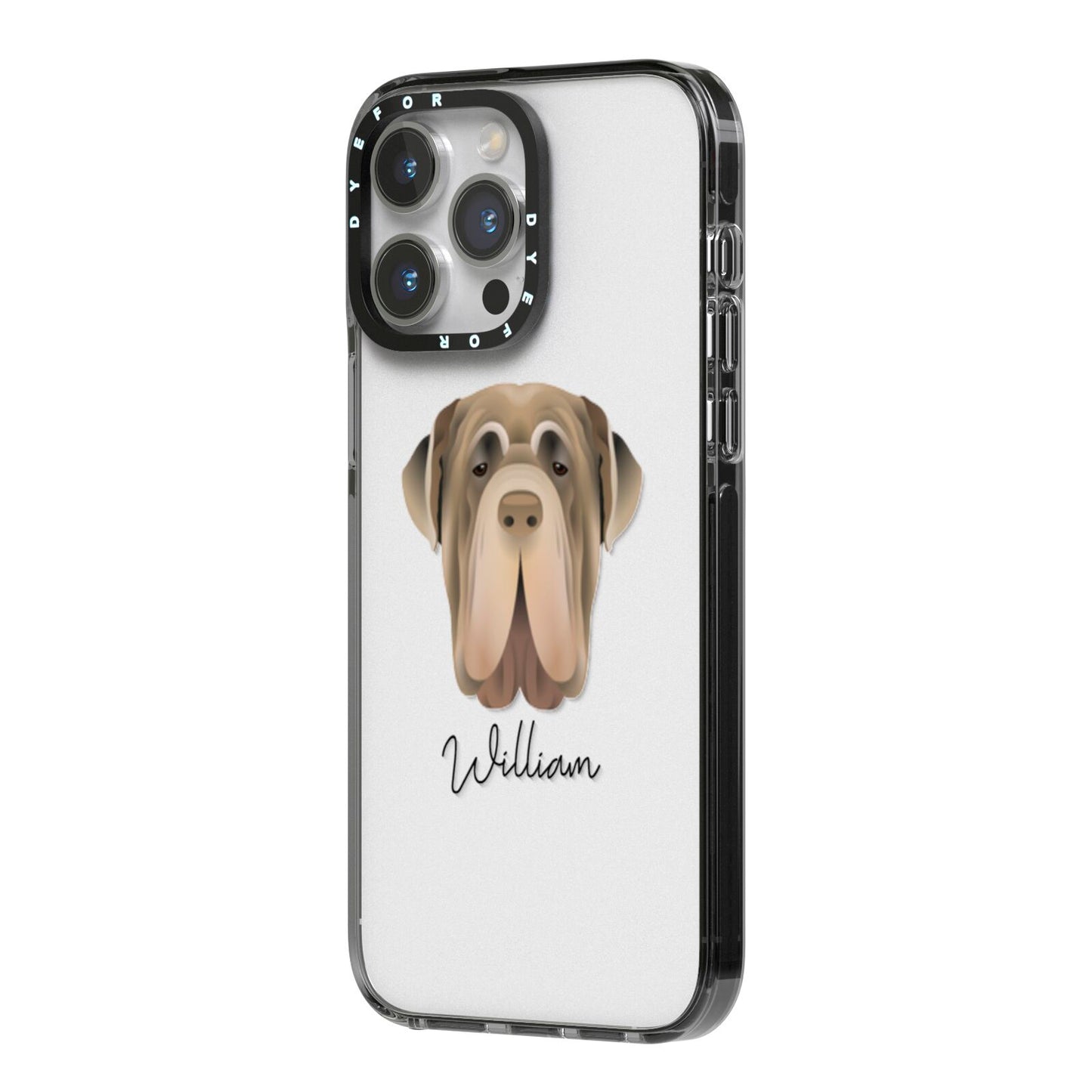 Neapolitan Mastiff Personalised iPhone 14 Pro Max Black Impact Case Side Angle on Silver phone
